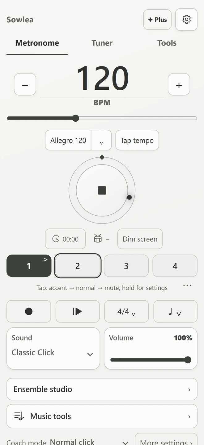 Metronomo Sowlea, screenshot dell'app in inglese