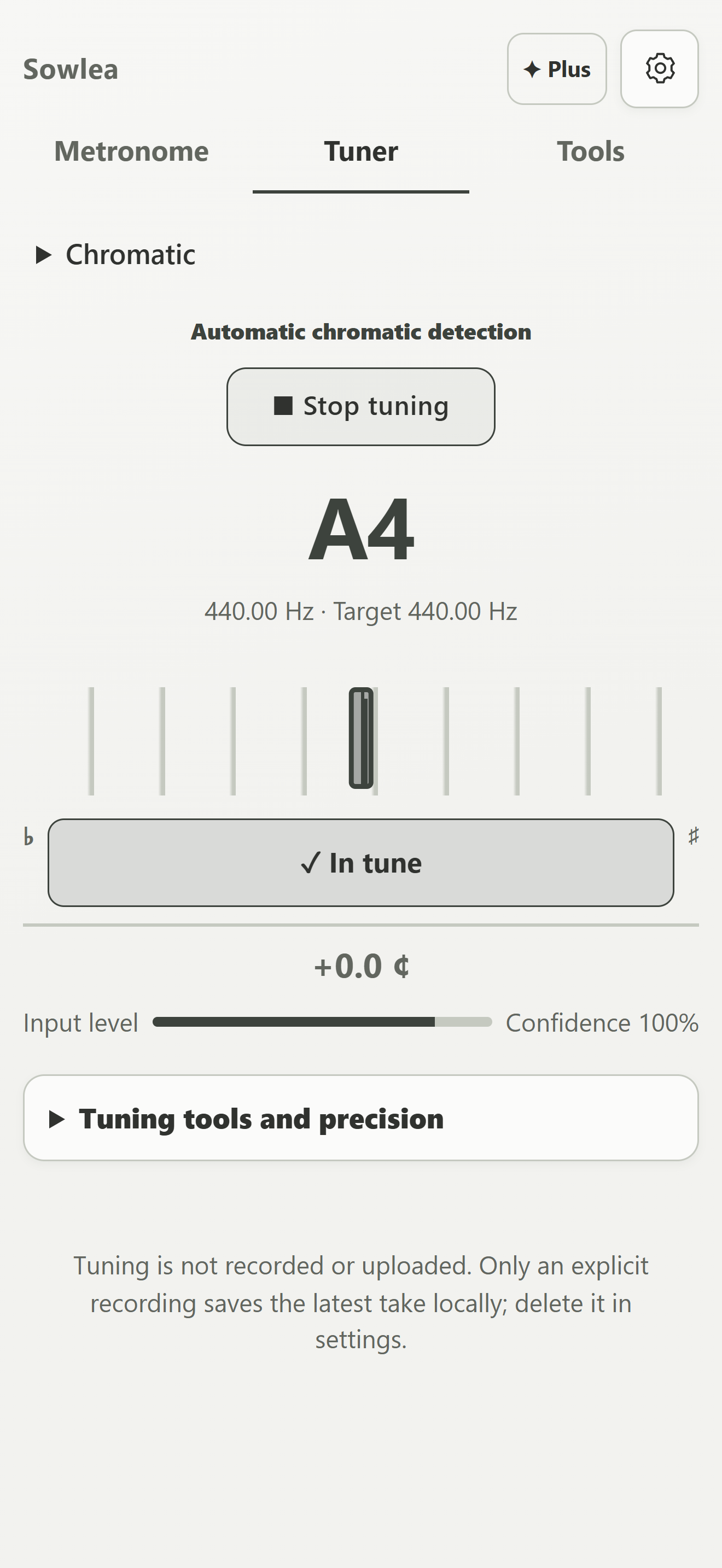 Sowlea tuner, English app screenshot